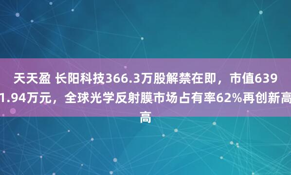 天天盈 长阳科技366.3万股解禁在即，市值6391.94万元，全球光学反射膜市场占有率62%再创新高