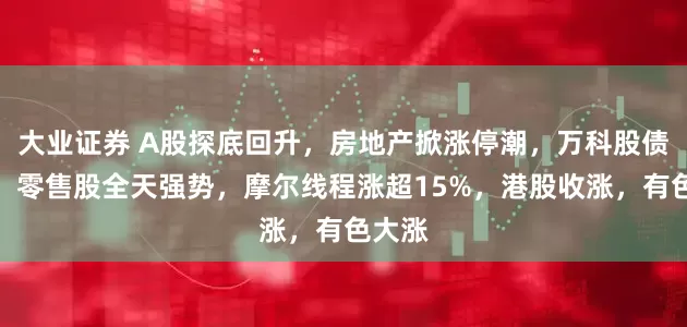 大业证券 A股探底回升，房地产掀涨停潮，万科股债齐升，零售股全天强势，摩尔线程涨超15%，港股收涨，有色大涨